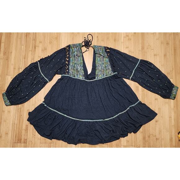 Free People Much Love Embroidered Tunic Top Mini Dress Black Womens Size Medium - Picture 8 of 8